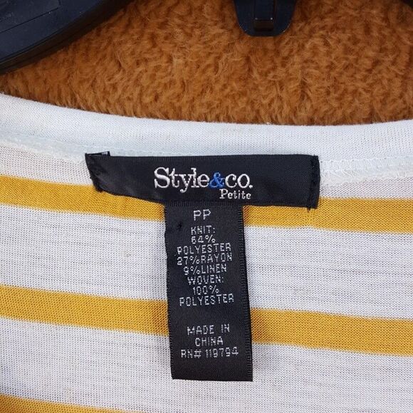 STYLE & CO Womens Top Petite P Yellow Stripe Pullover Chiffon Hem Hi Lo Stretch - Picture 2 of 6